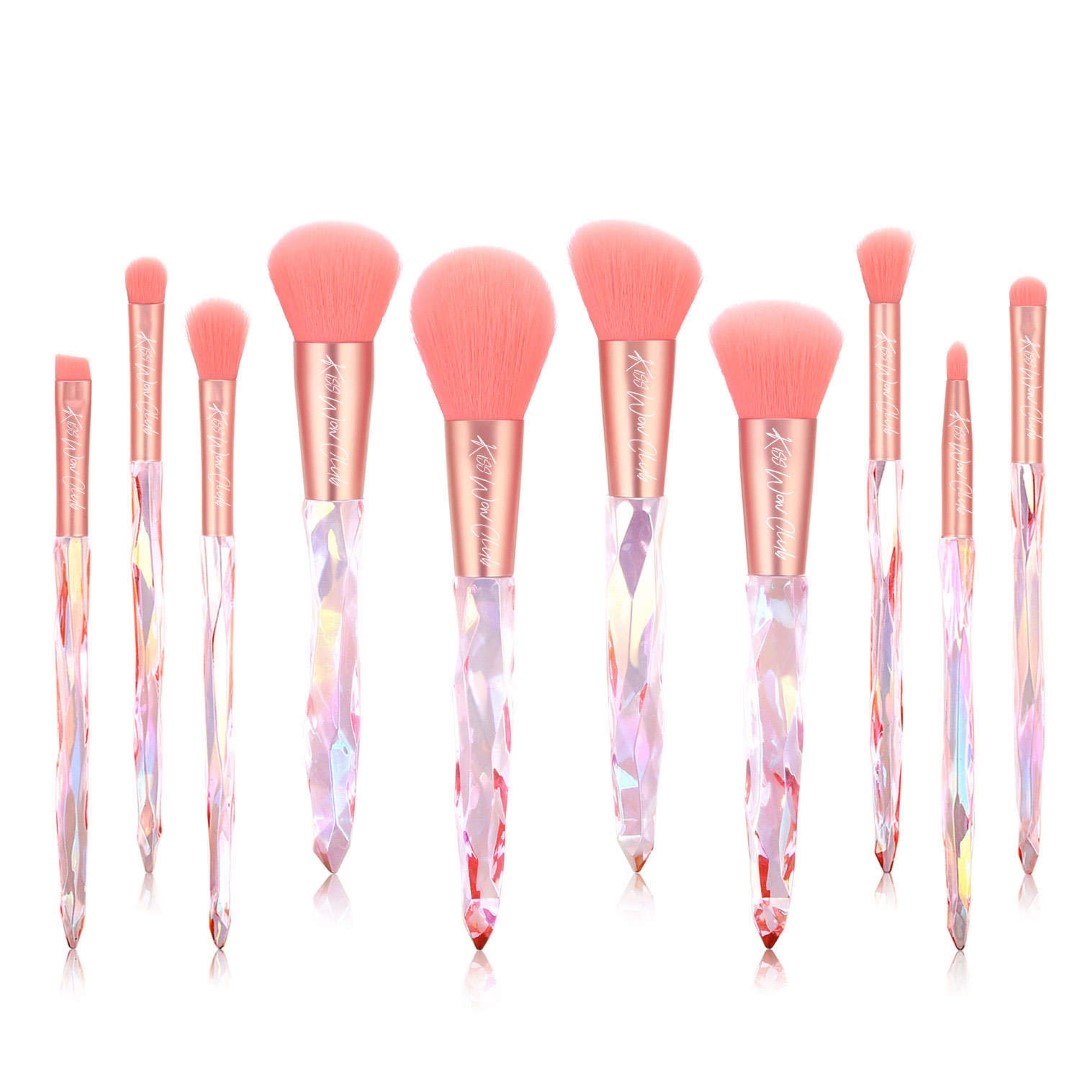 Kiss Wow Club Holograpic Crystal Pink Makeup Brush Set with Holographic Cosmetic Case